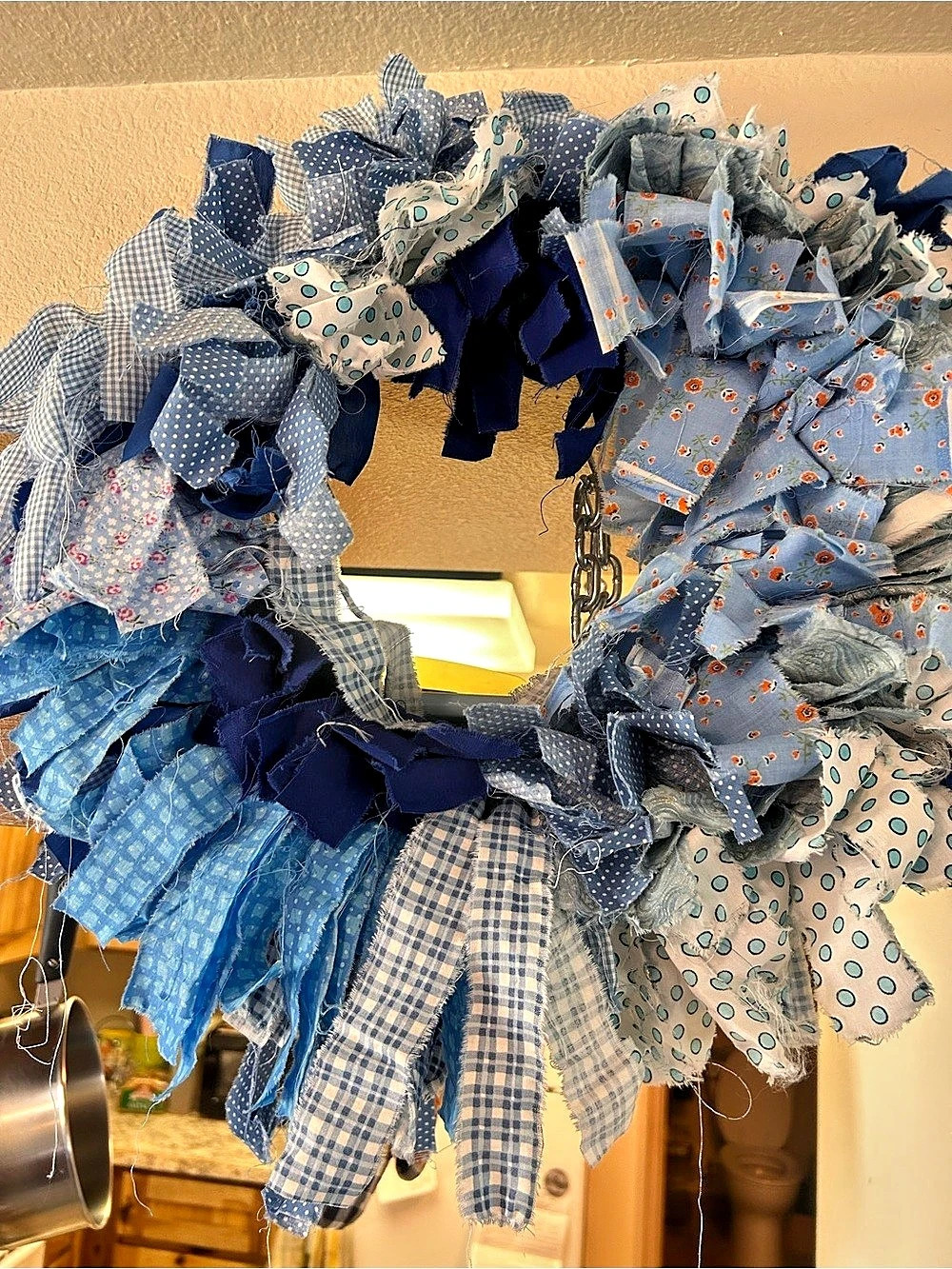 Blue & White Fabric Rag Wreath Decor